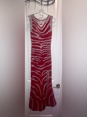 Jovani Red Gown Dress with Silver Crystal Stripes